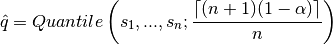 \hat{q} = Quantile \left(s_1, ..., s_n ; \frac{\lceil(n+1)(1-\alpha)\rceil}{n}\right) \\