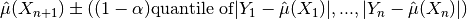 \hat{\mu}(X_{n+1}) \pm ((1-\alpha) \textrm{quantile of} |Y_1-\hat{\mu}(X_1)|, ..., |Y_n-\hat{\mu}(X_n)|)