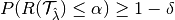 P(R(\mathcal{T}_{\hat{\lambda}})\leq\alpha)\geq 1-\delta