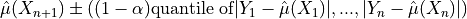\hat{\mu}(X_{n+1}) \pm ((1-\alpha) \textrm{quantile of} |Y_1-\hat{\mu}(X_1)|, ..., |Y_n-\hat{\mu}(X_n)|)