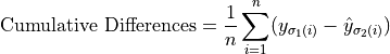 \text{Cumulative Differences} = \frac{1}{n} \sum_{i=1}^{n} (y_{\sigma_1(i)} - \hat y_{\sigma_2(i)})
