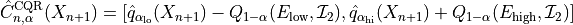 \hat{C}_{n, \alpha}^{\text{CQR}}(X_{n+1}) =
[\hat{q}_{\alpha_{\text{lo}}}(X_{n+1}) - Q_{1-\alpha}(E_{\text{low}}, \mathcal{I}_2),
\hat{q}_{\alpha_{\text{hi}}}(X_{n+1}) + Q_{1-\alpha}(E_{\text{high}}, \mathcal{I}_2)]