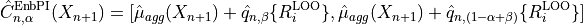 \hat{C}_{n, \alpha}^{\rm EnbPI}(X_{n+1}) = [\hat{\mu}_{agg}(X_{n+1}) + \hat{q}_{n, \beta}\{ R_i^{\rm LOO} \}, \hat{\mu}_{agg}(X_{n+1}) + \hat{q}_{n, (1 - \alpha + \beta)}\{ R_i^{\rm LOO} \}]